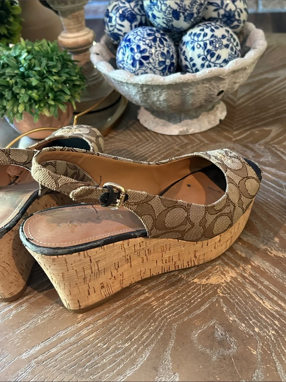 Coach Tan Signature Canvas Peep-Toe Slingback Wedge Espadrille Sandals 8
